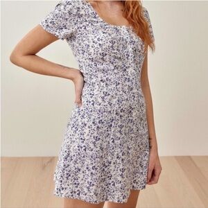 Reformation Floral Mini Dress in Blue and White